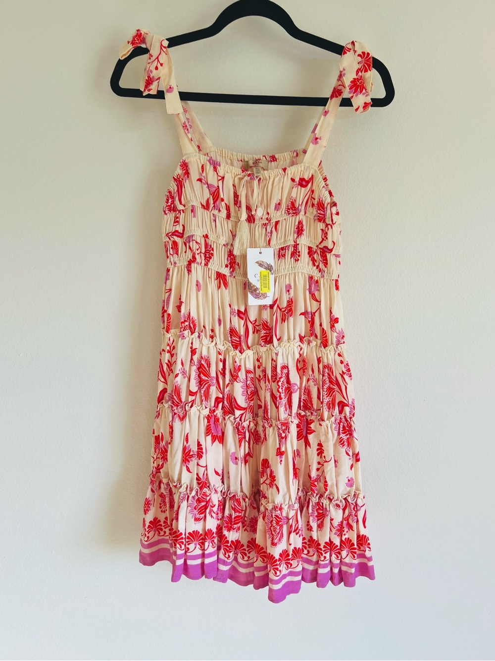 C & V Girls Floral Tie-Shoulder Sundress - Cream & Red